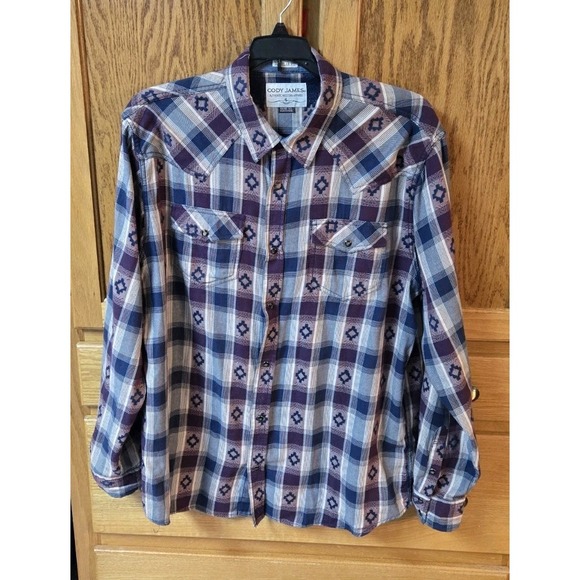 Cody James Pearl Snap Mens XL Navy Plaid Long Sleeve Flannel Western Shirt - Picture 1 of 11